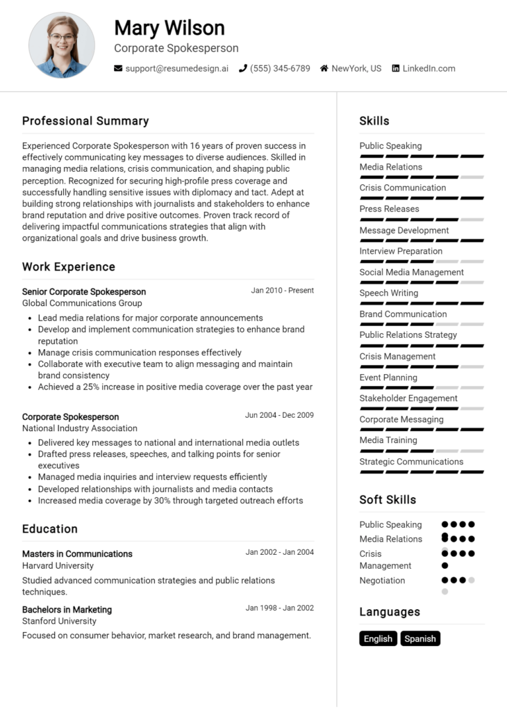 Corporate Spokesperson Resume Example