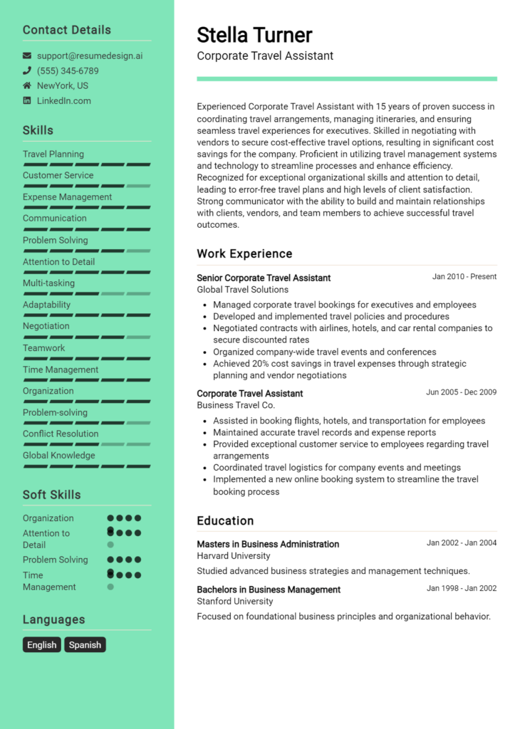 Corporate Travel Assistant Resume Example