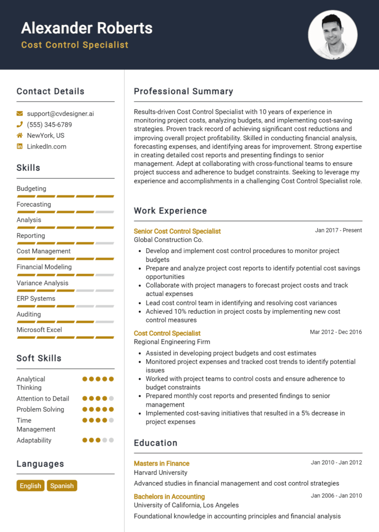 9 Cost Control Specialist Resume Examples And Templates for 2025