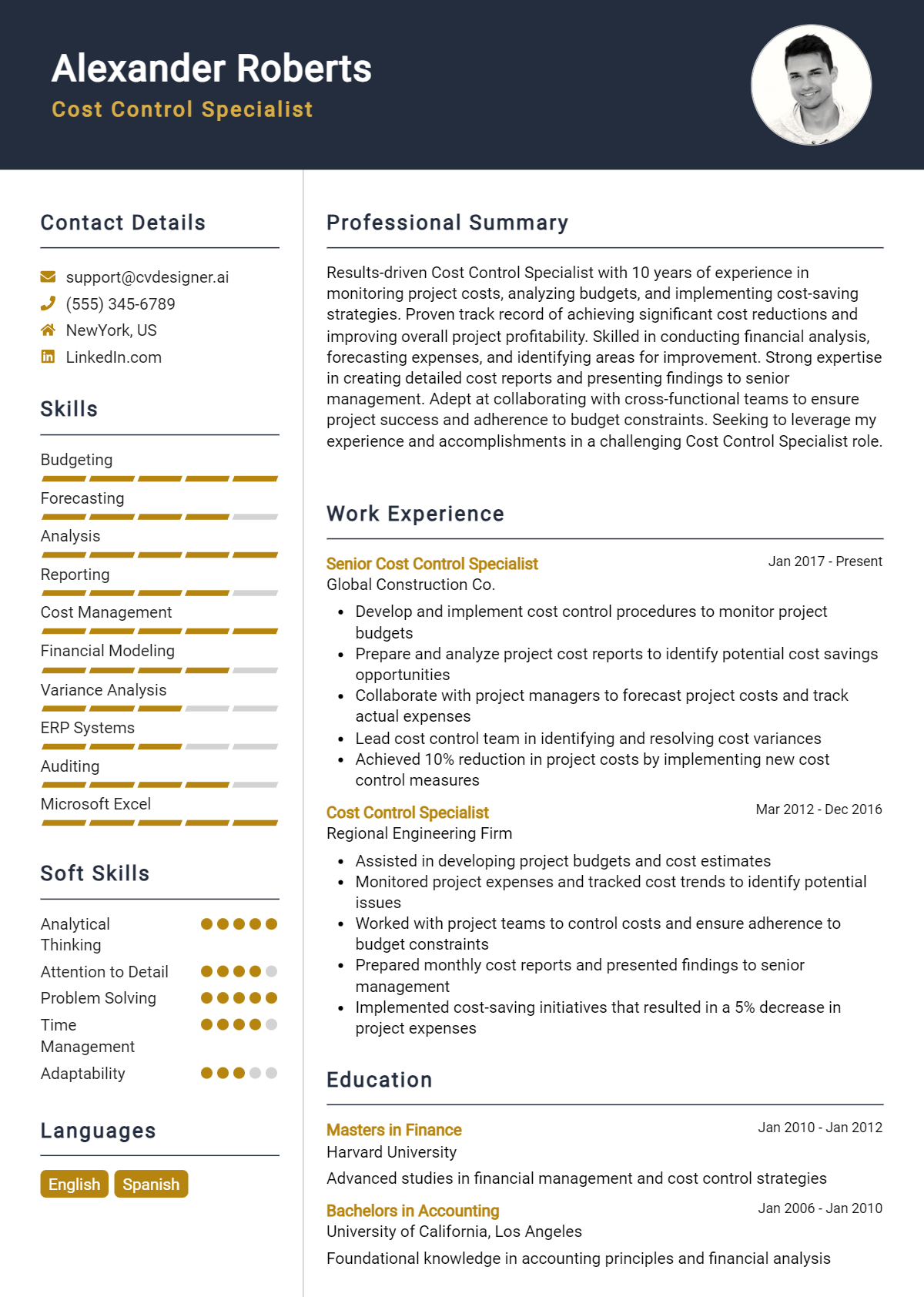 Cost Control Specialist Resume Example