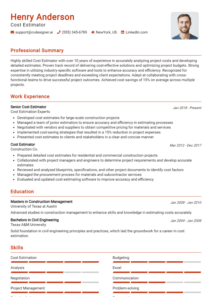 Cost Estimator Resume Example