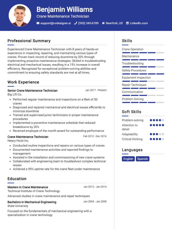 Crane Maintenance Technician Resume Example