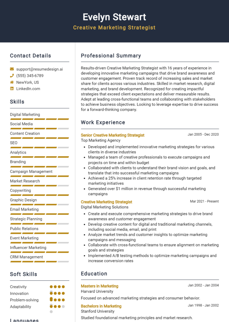 Creative Marketing Strategist Resume Example