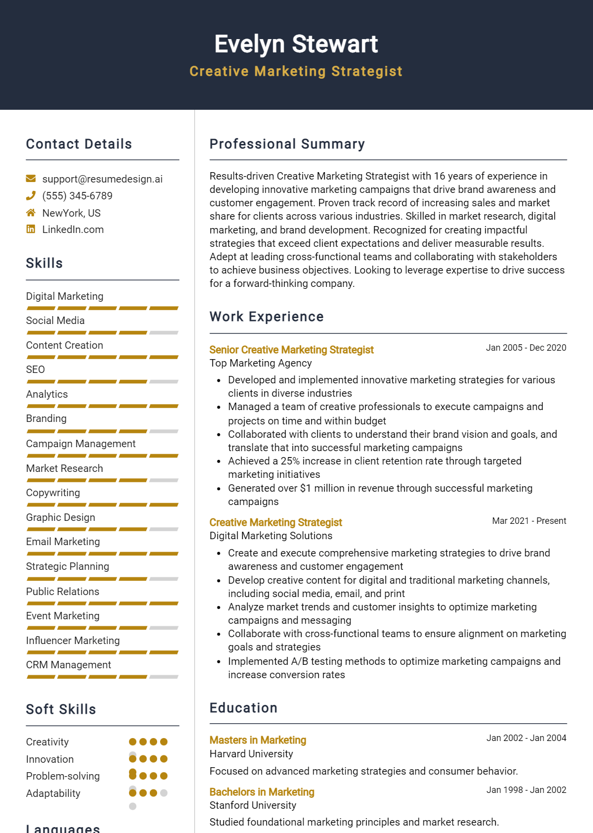 Creative Marketing Strategist Resume Example