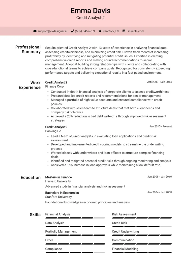 Credit Analyst 2 Resume Example