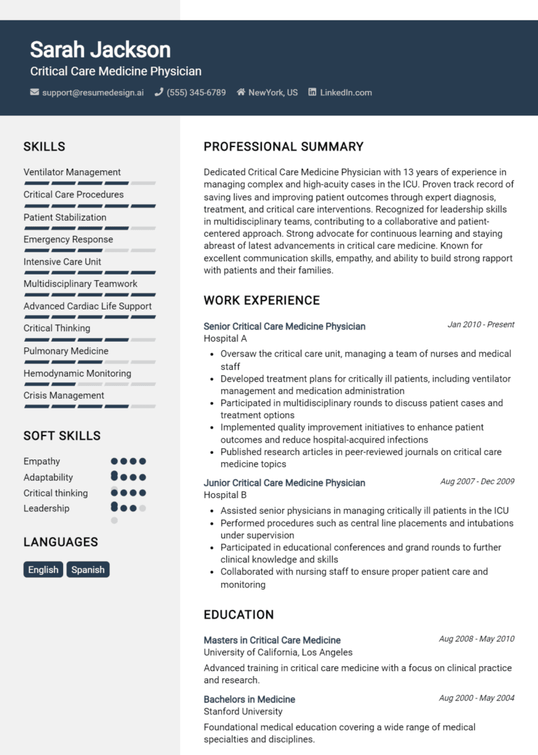 35 Critical Care Medicine Physician Resume Examples And Templates for 2025