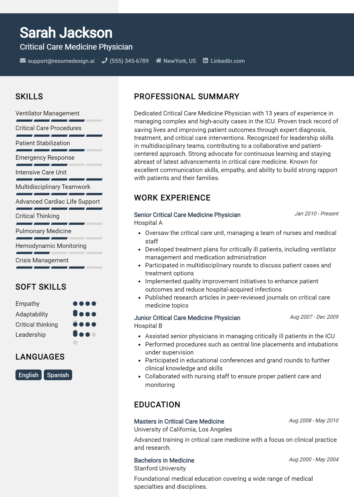 Critical Care Medicine Physician Resume Example