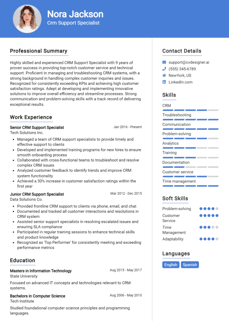 Crm Support Specialist Resume Example