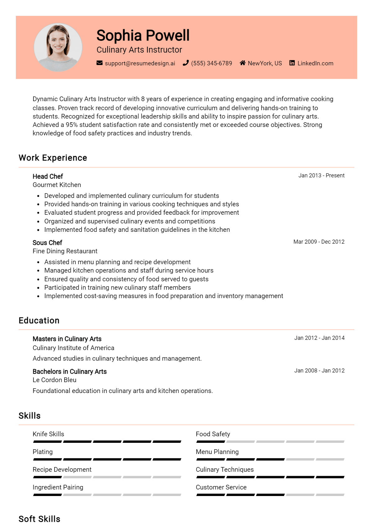 Culinary Arts Instructor Resume Example