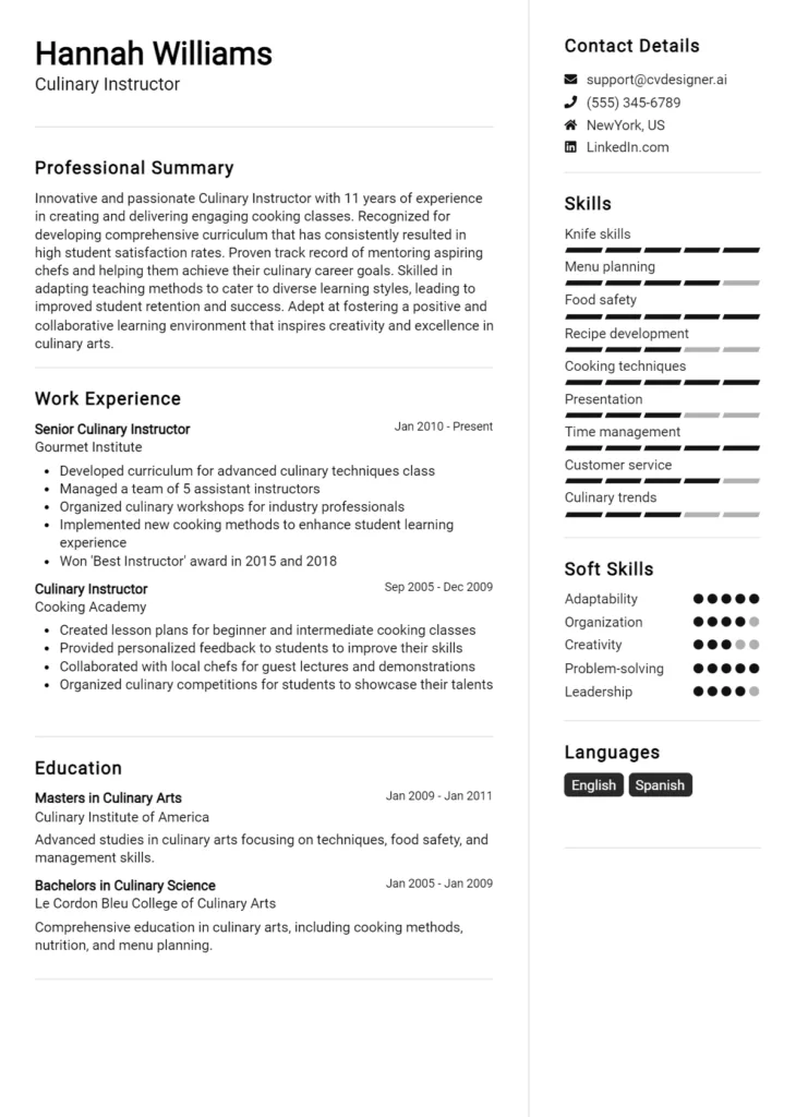 Culinary Instructor Resume Example Template #10