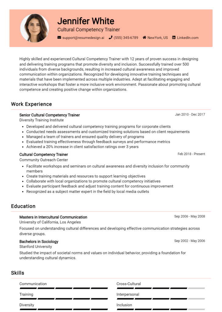 Cultural Competency Trainer Resume Example