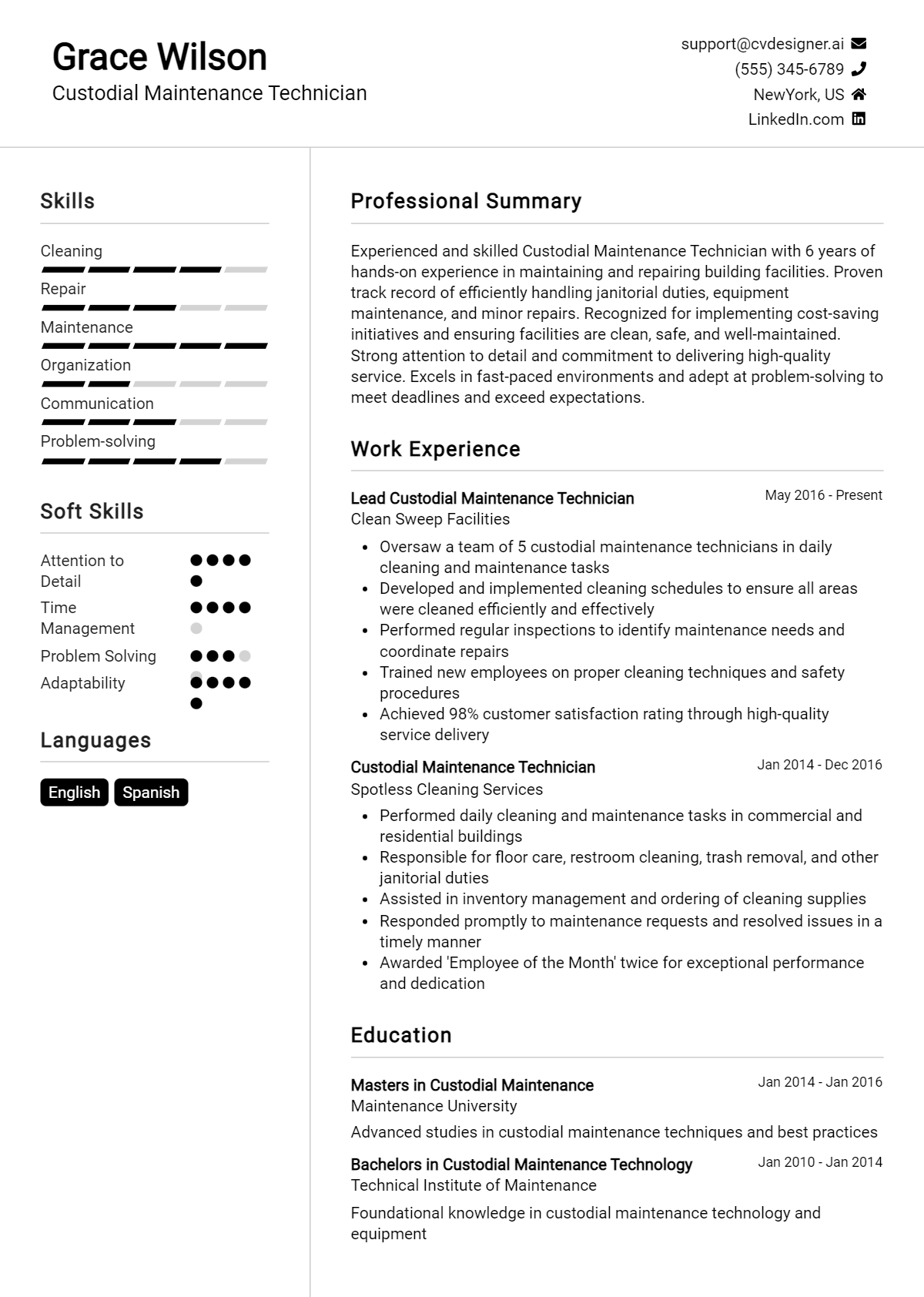 Custodial Maintenance Technician Resume Example