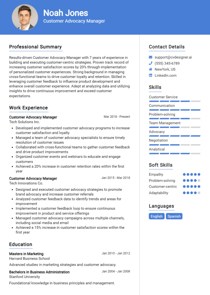 Customer Advocacy Manager Resume Example