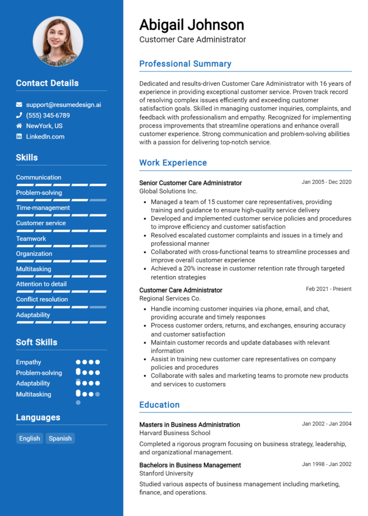 Customer Care Administrator Resume Example