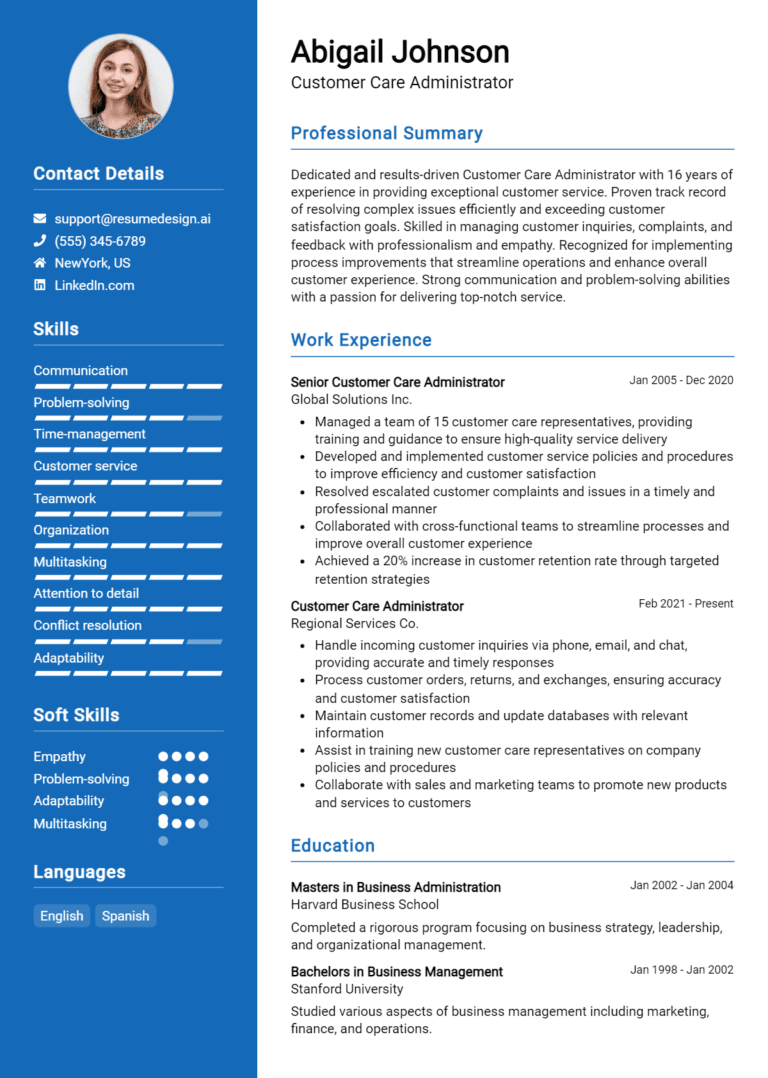 11 Customer Care Administrator Resume Examples And Templates for 2025