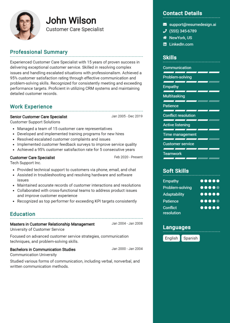 25 Customer Care Specialist Resume Examples And Templates for 2025 (Downloadable)