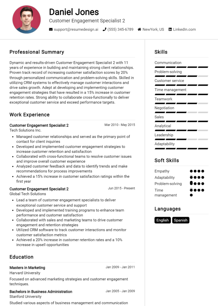 Customer Engagement Specialist 2 Resume Example