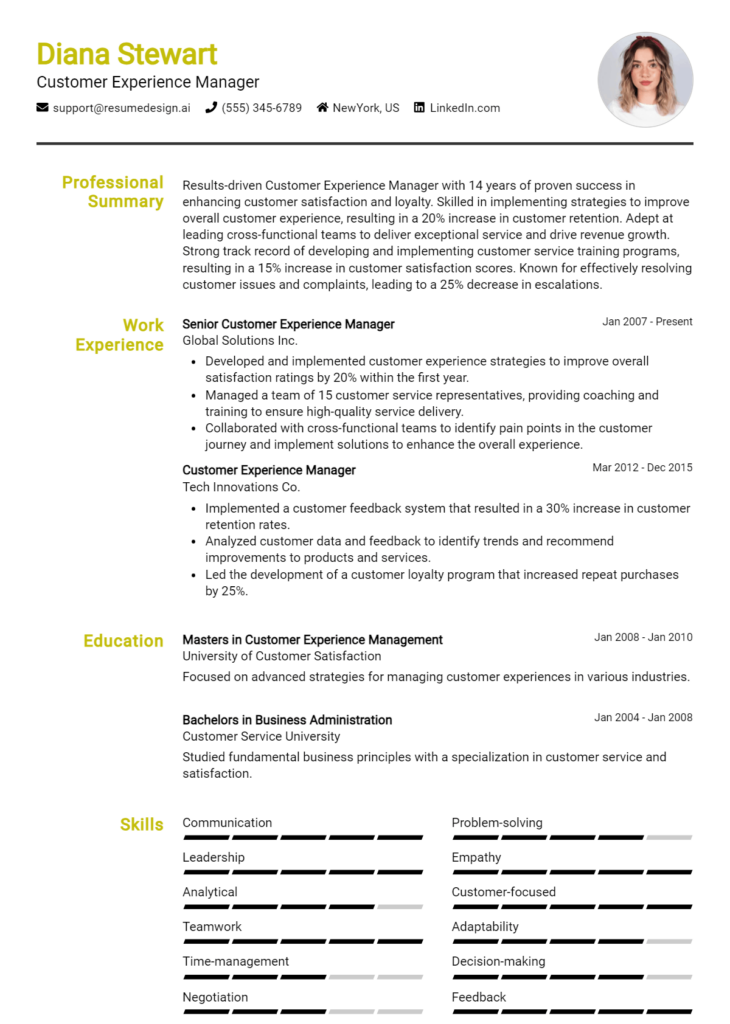 Customer Experience Manager Resume Example