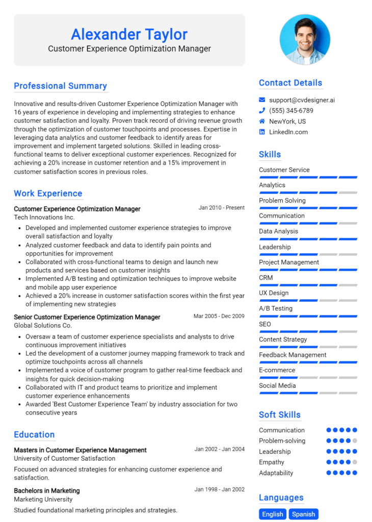 Customer Experience Optimization Manager Resume Example