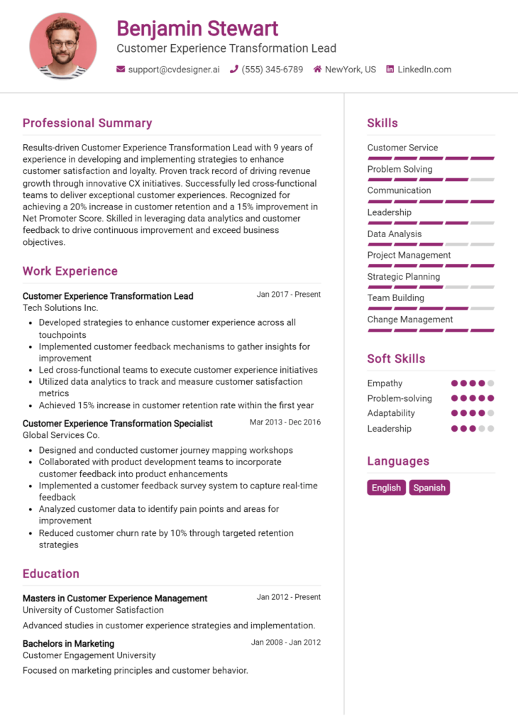 Customer Experience Transformation Lead Resume Example