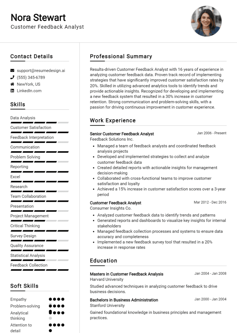 15 Customer Feedback Analyst Resume Examples And Templates for 2025: Top Tips