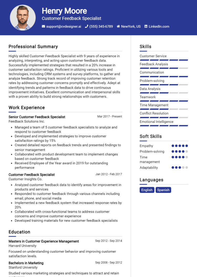 14 Customer Feedback Specialist Resume Examples And Templates for 2025