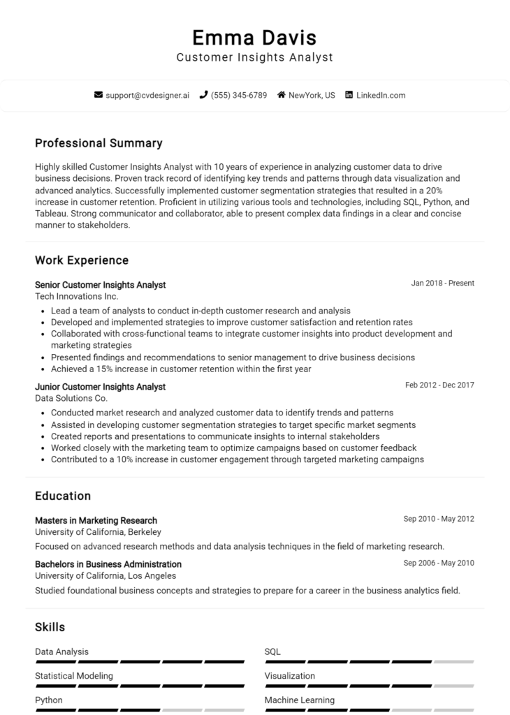 Customer Insights Analyst Resume Example