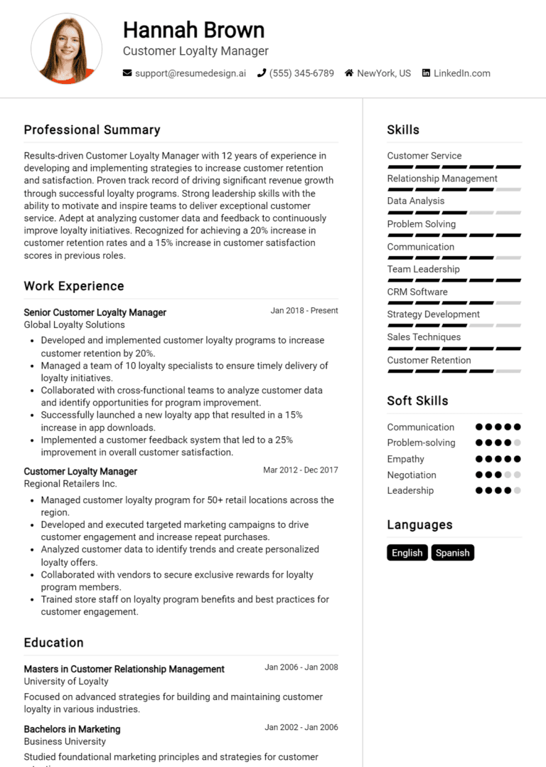 19 Customer Loyalty Manager Resume Examples And Templates for 2025 (Downloadable)
