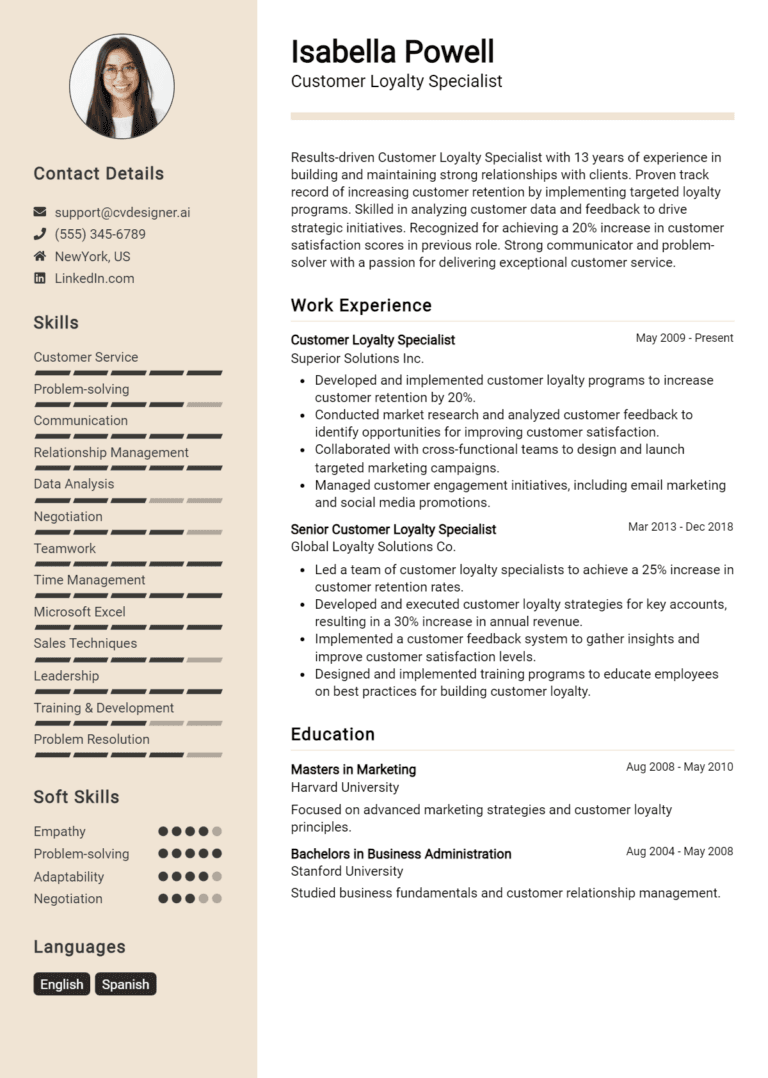 10 Customer Loyalty Specialist Resume Examples And Templates for 2025 (Downloadable)