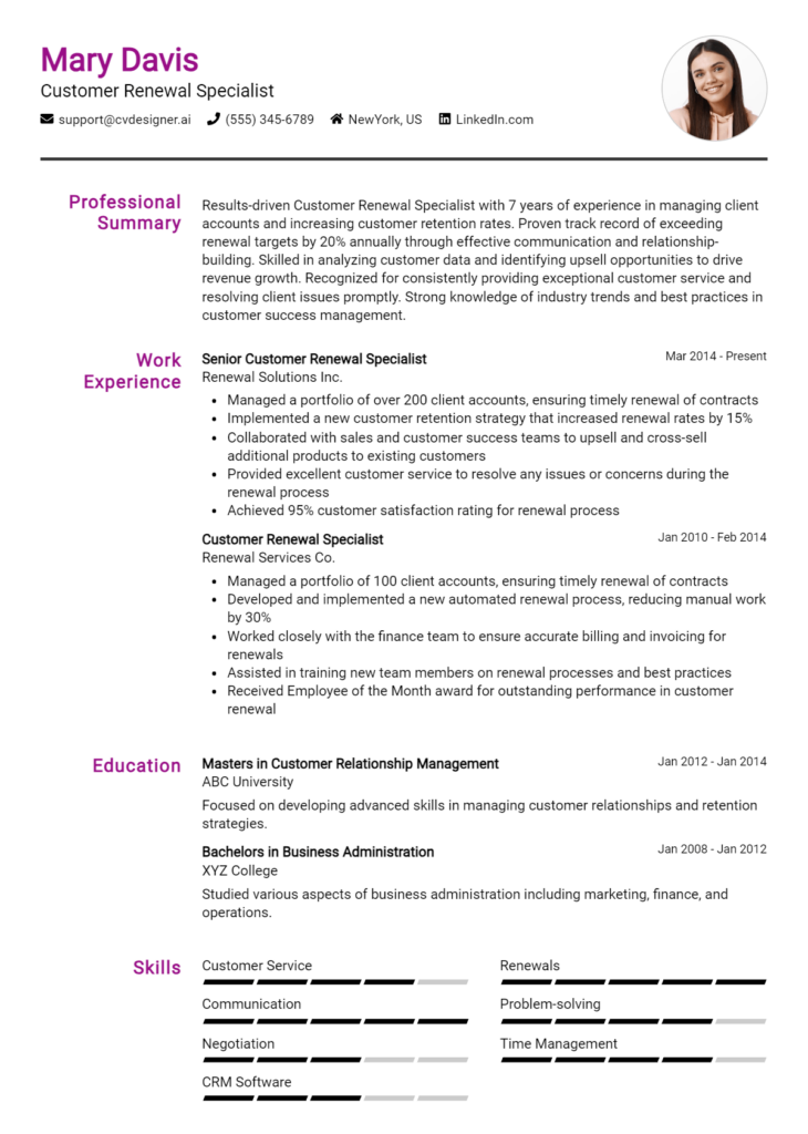 Customer Renewal Specialist Resume Example