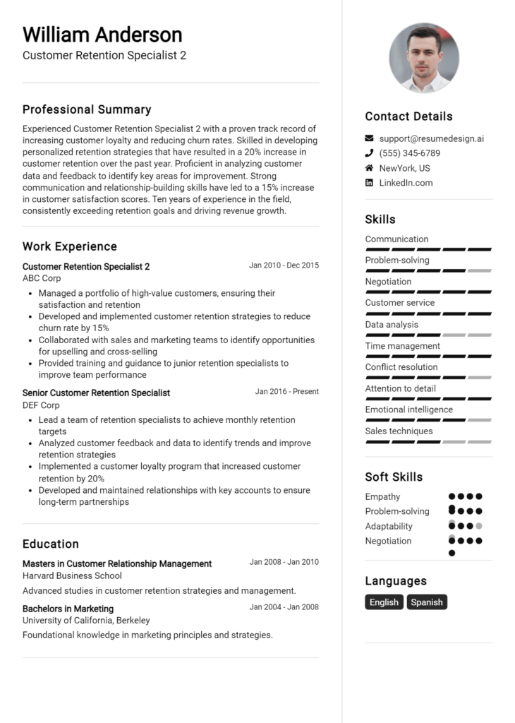 Customer Retention Specialist 2 Resume Example