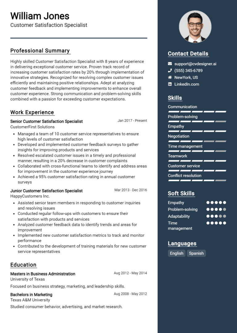 10 Customer Satisfaction Specialist Resume Examples And Templates for 2025 (Downloadable)