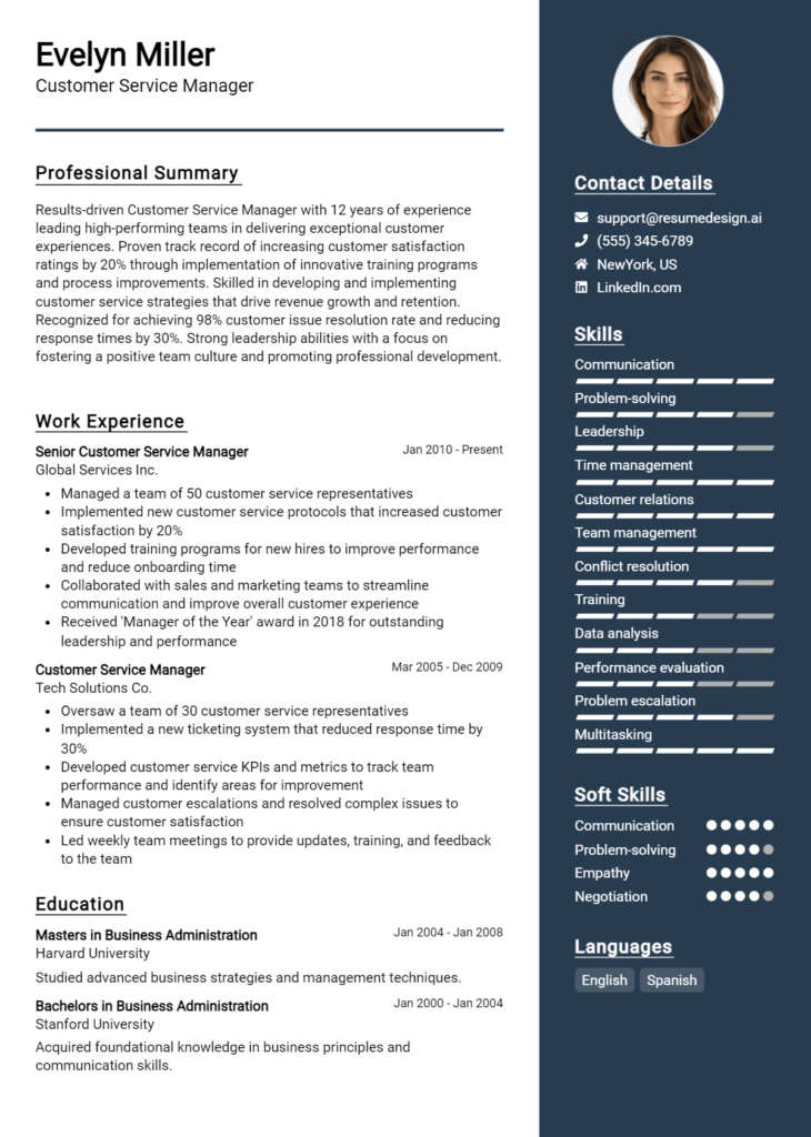 Customer Service Manager Resume Example