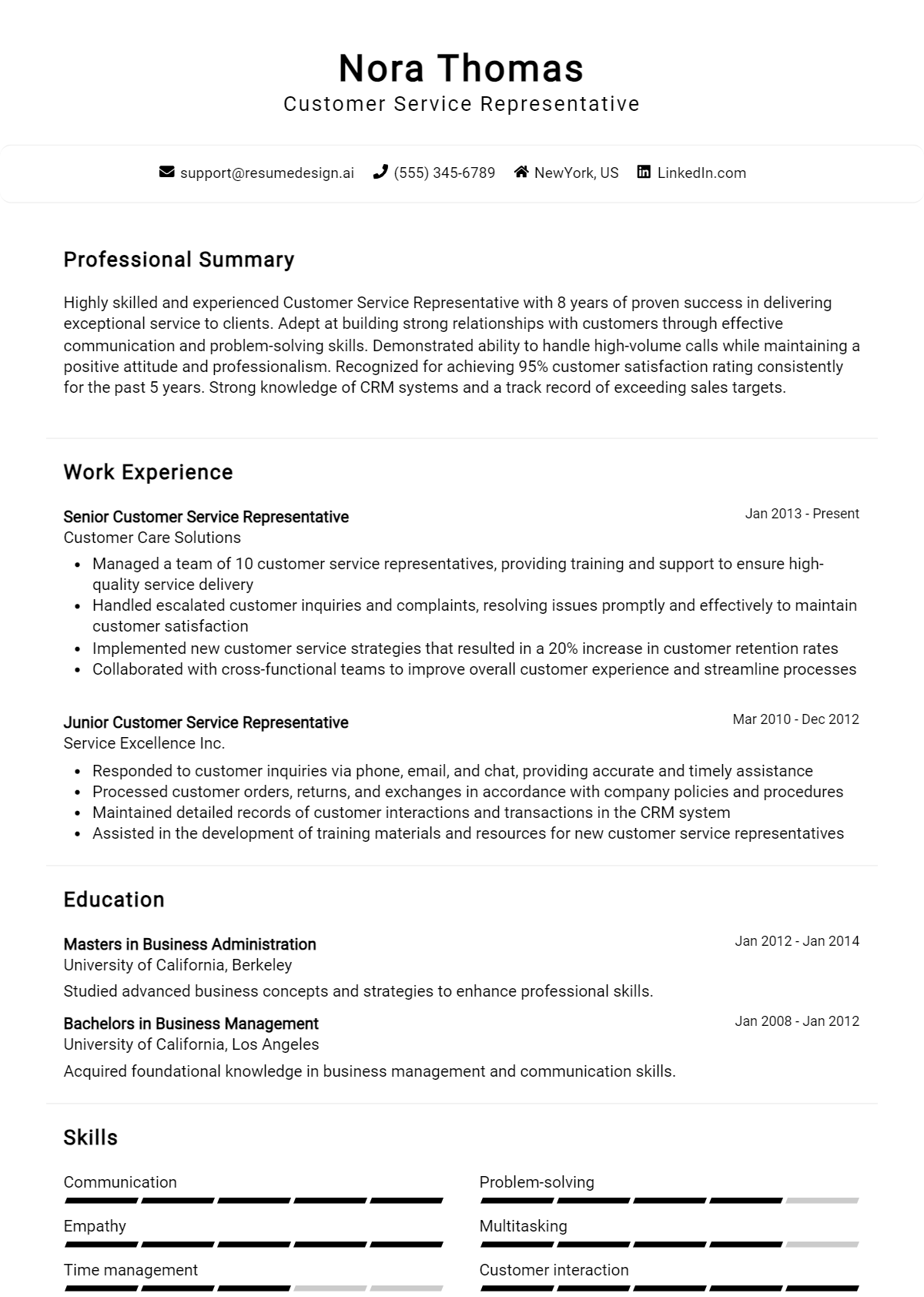 Customer Service Representative Resume Example