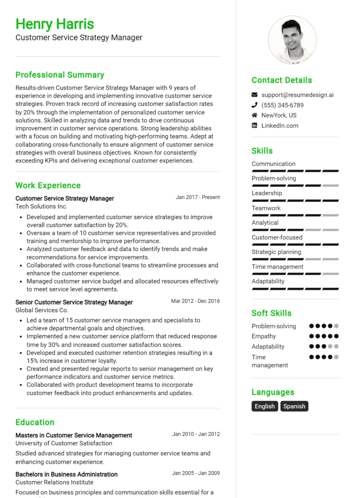 Customer Service Strategy Manager Resume Example