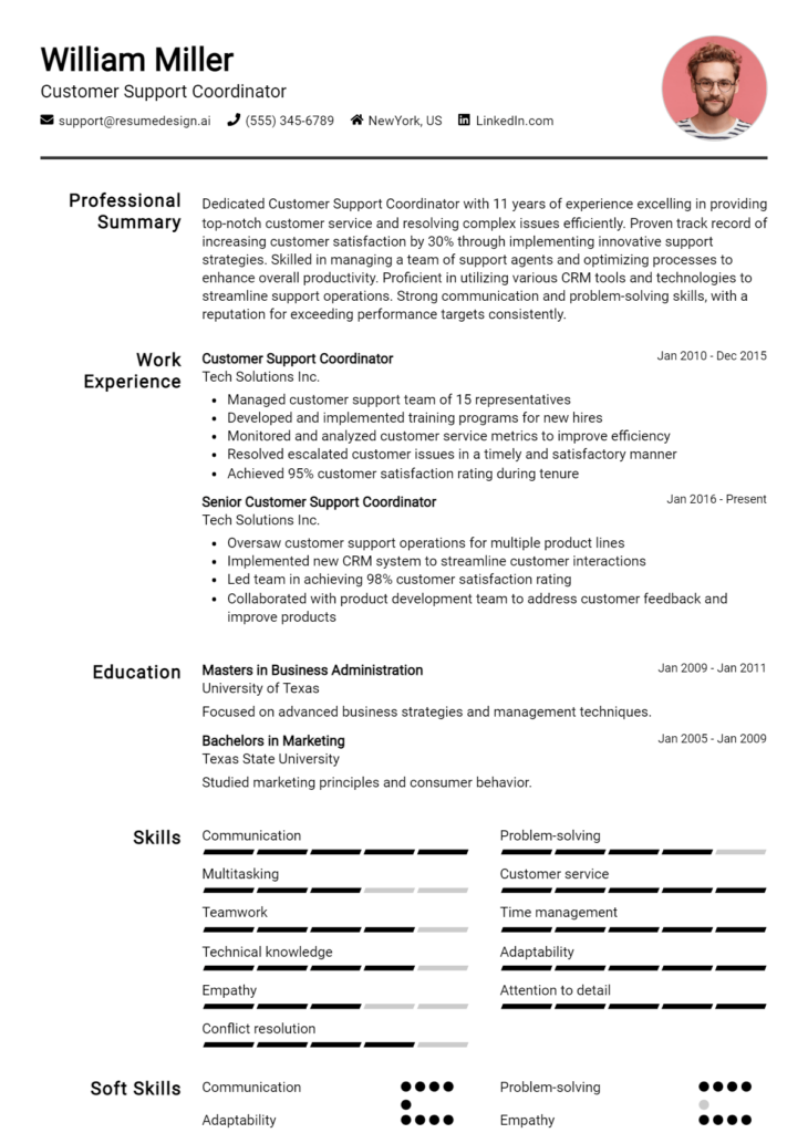 Customer Support Coordinator Resume Example