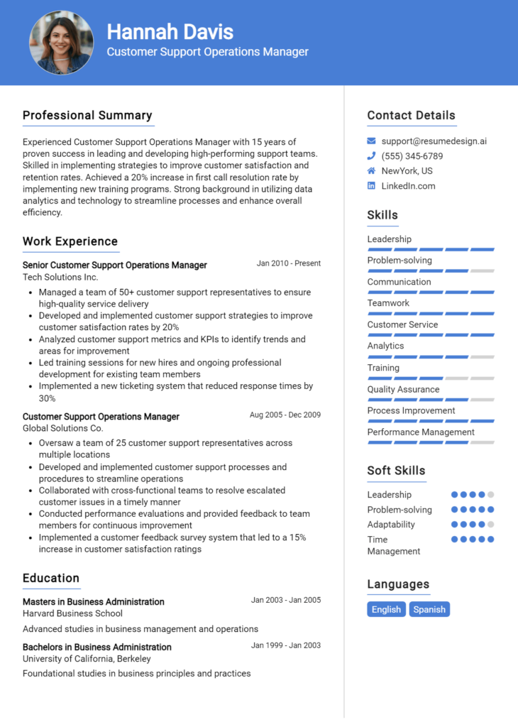 Customer Support Operations Manager Resume Example