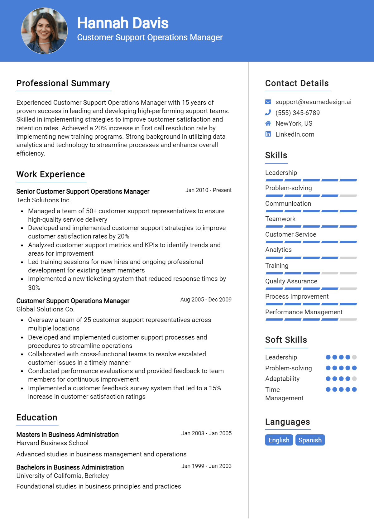 Customer Support Operations Manager Resume Example