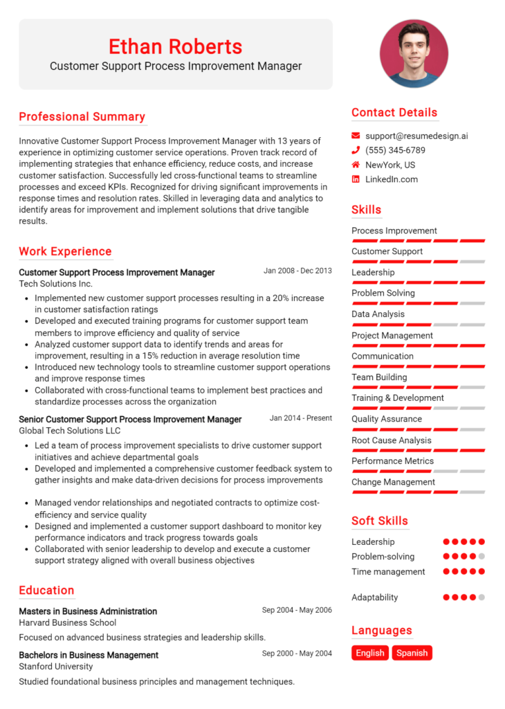 Customer Support Process Improvement Manager Resume Example