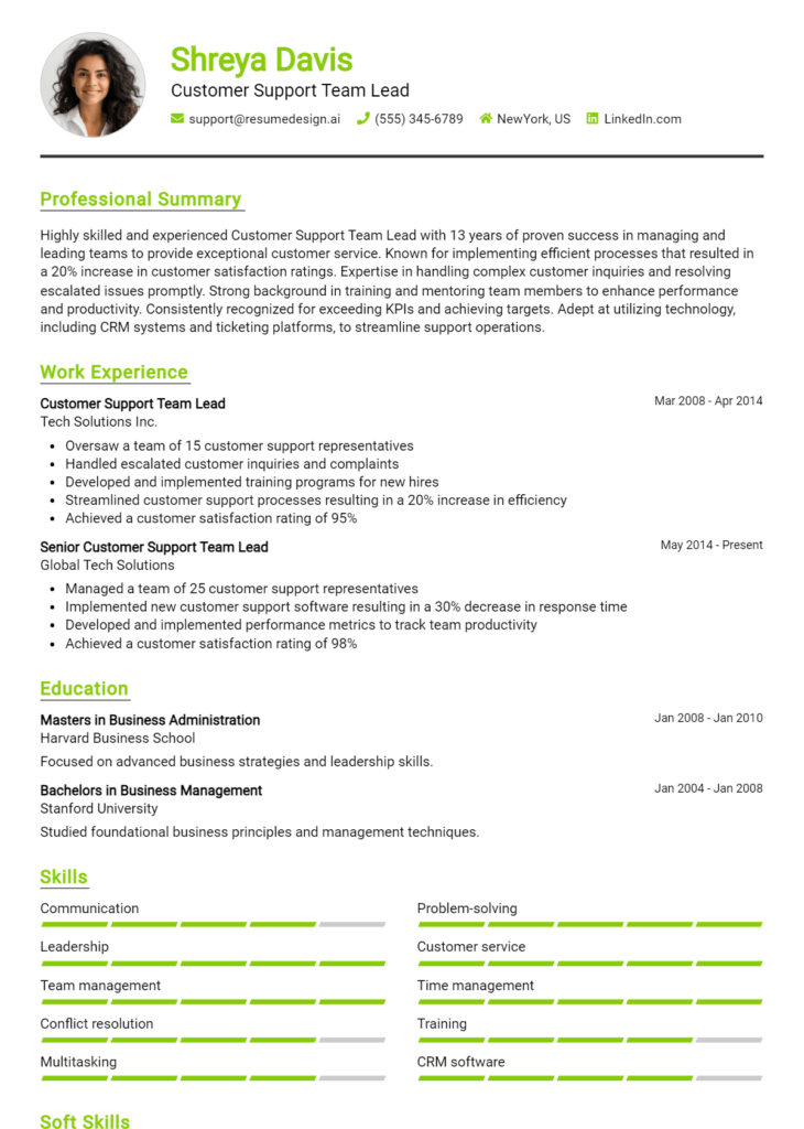 Customer Support Team Lead Resume Example