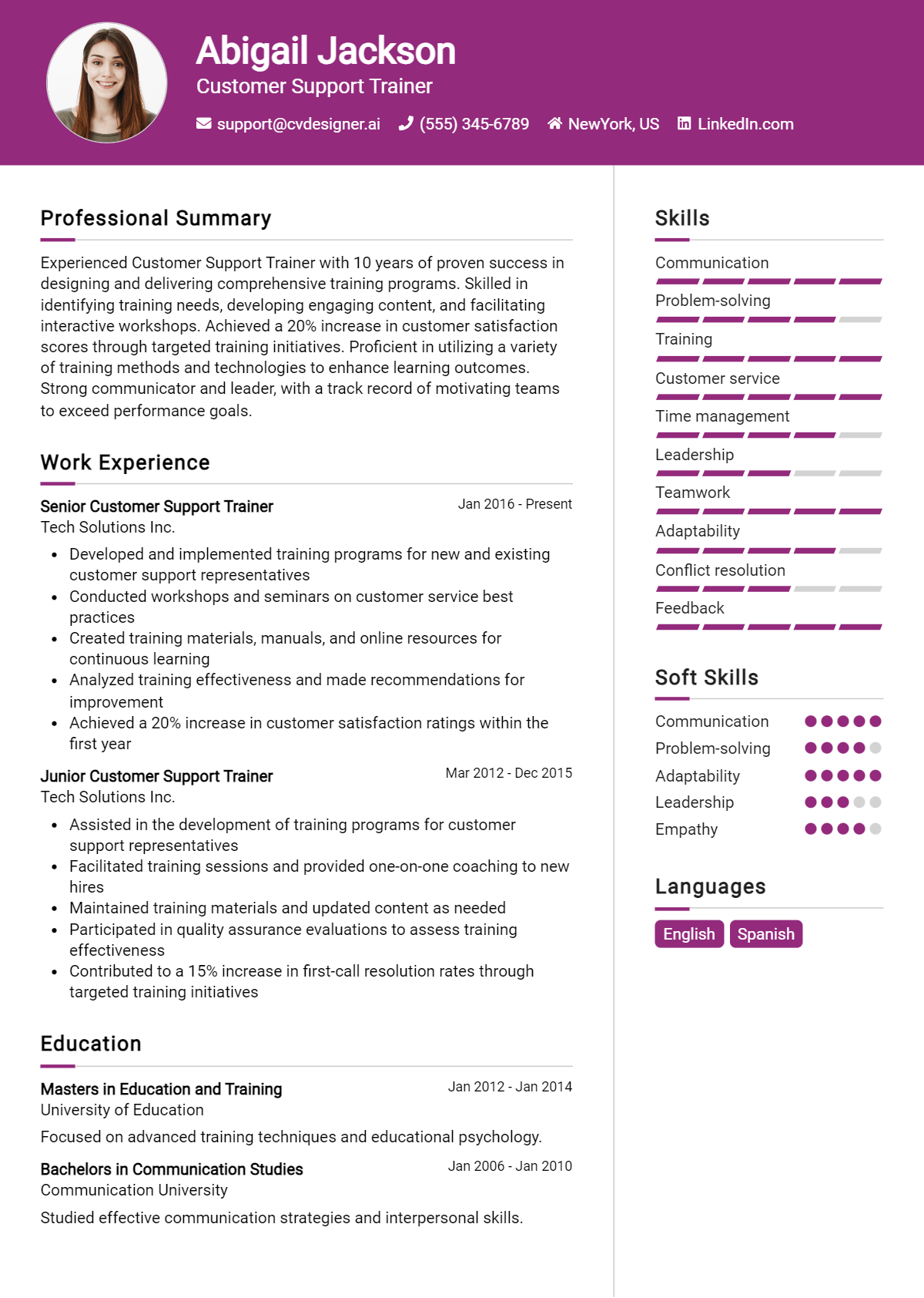 Customer Support Trainer Resume Example