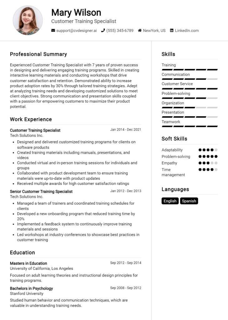 Customer Training Specialist Resume Example