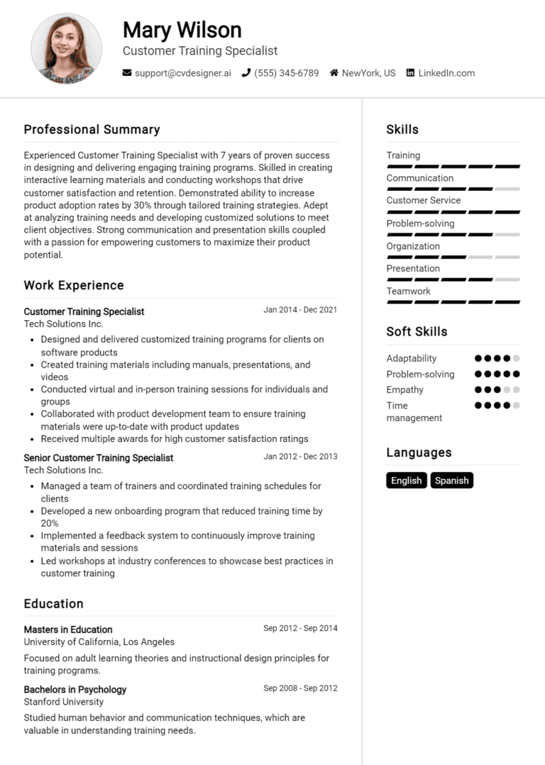8 Customer Training Specialist Resume Examples And Templates for 2025: Top Tips