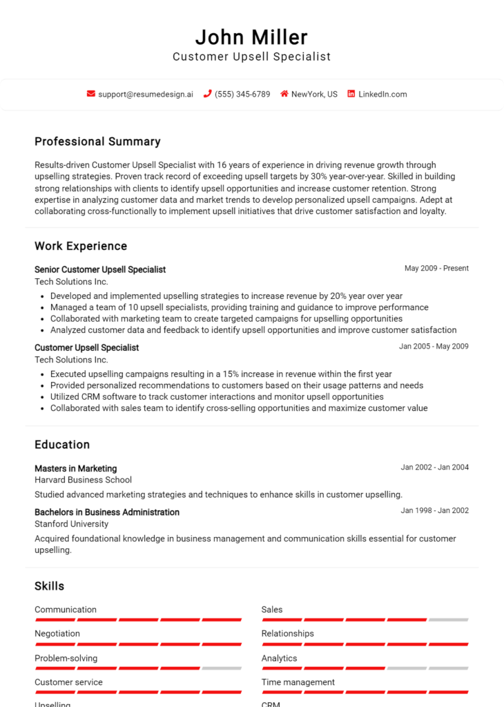 Customer Upsell Specialist Resume Example