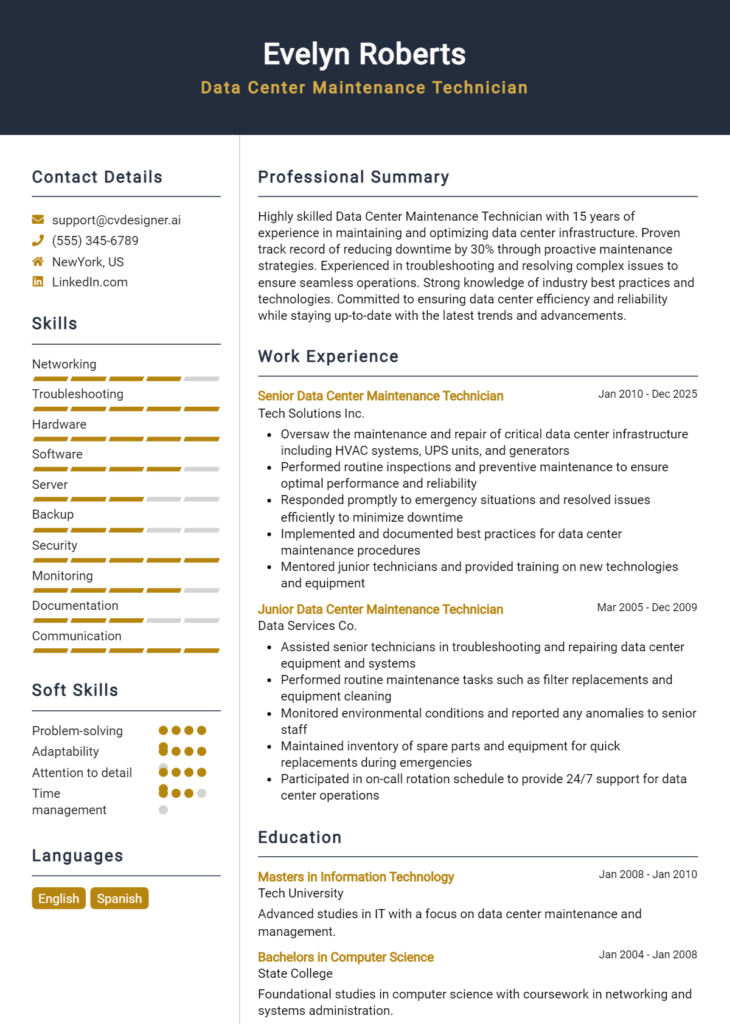 Data Center Maintenance Technician Resume Example