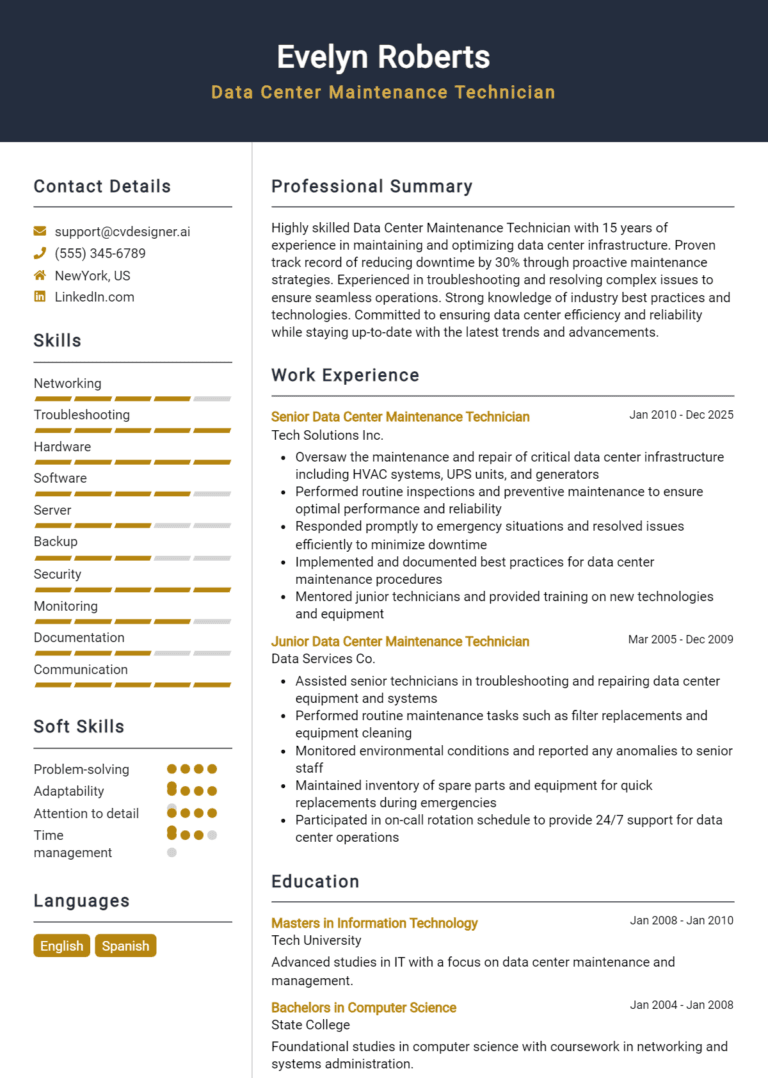 15 Data Center Maintenance Technician Resume Examples And Templates for 2025 [Guide]