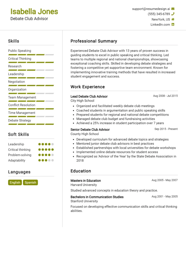 Debate Club Advisor Resume Example
