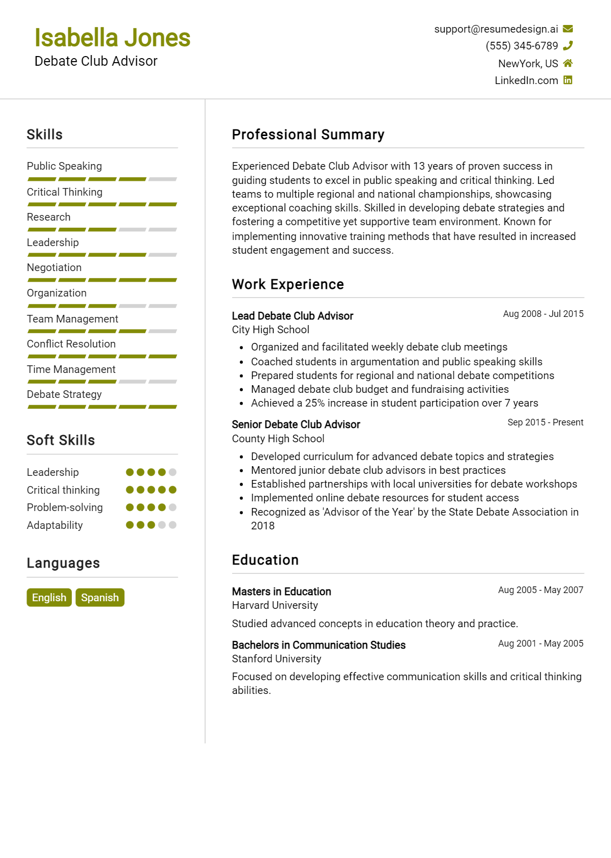 Debate Club Advisor Resume Example