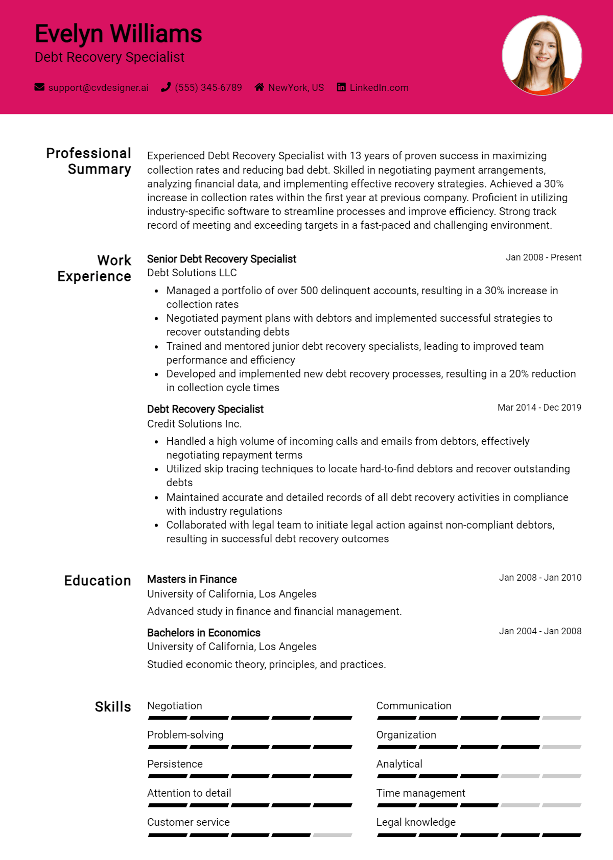 Debt Recovery Specialist Resume Example