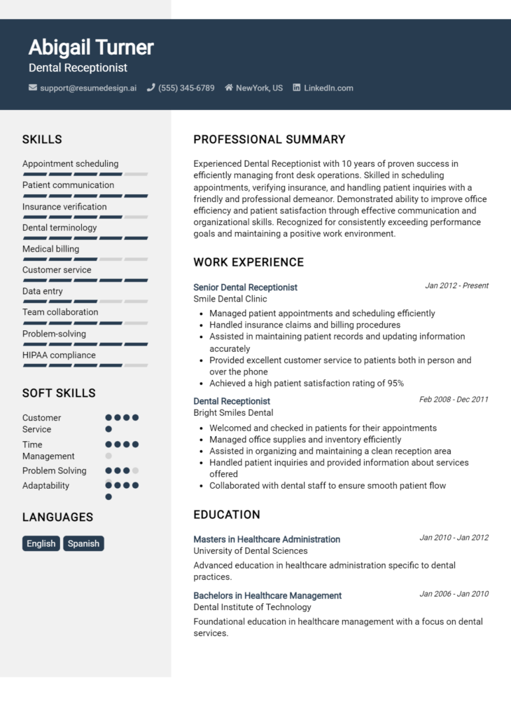 Dental Receptionist Resume Example